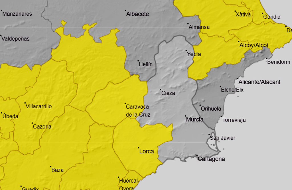 Alerta amarilla por lluvia y granizo en el Valle del Guadalentín a partir del mediodía